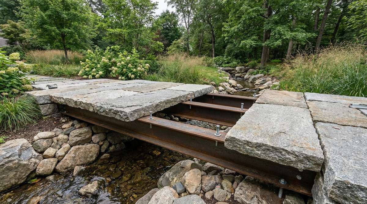 Technical illustration showing the construction of a hybrid stone and steel beam bridge, featuring granite or limestone decking bolted to hidden steel support beams with epoxy-set expansion anchors, demonstrating how to achieve long spans while maintaining traditional stone appearance with proper engineering techniques.