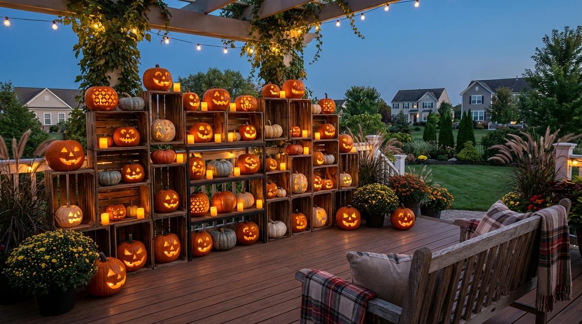 A glowing pumpkin wall created with dozens of small pumpkins arranged on tiered shelving or stacked crates, each housing a tea light or small LED. Features a mix of carved traditional faces, painted modern geometric patterns, and uncarved natural pumpkins for textural variety, with staggered lighting creating a living light installation that serves as a warm photo backdrop for Halloween balcony parties.