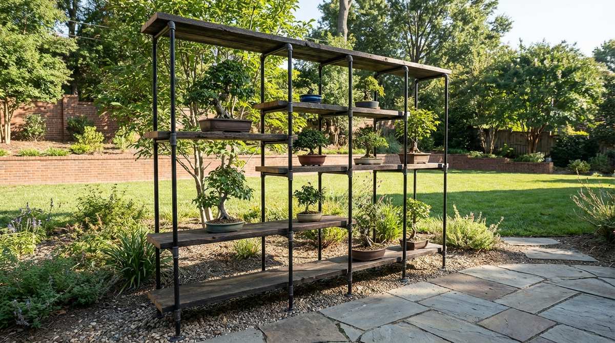 A modern industrial-style shelving unit made from black iron pipes and reclaimed wood planks, designed specifically for displaying bonsai trees. The open framework allows light to penetrate all levels, with 4-5 shelves arranged at irregular intervals to accommodate different pot sizes and create visual interest. This DIY shelving unit provides a contemporary contrast to organic bonsai forms while being more affordable than traditional bonsai furniture.