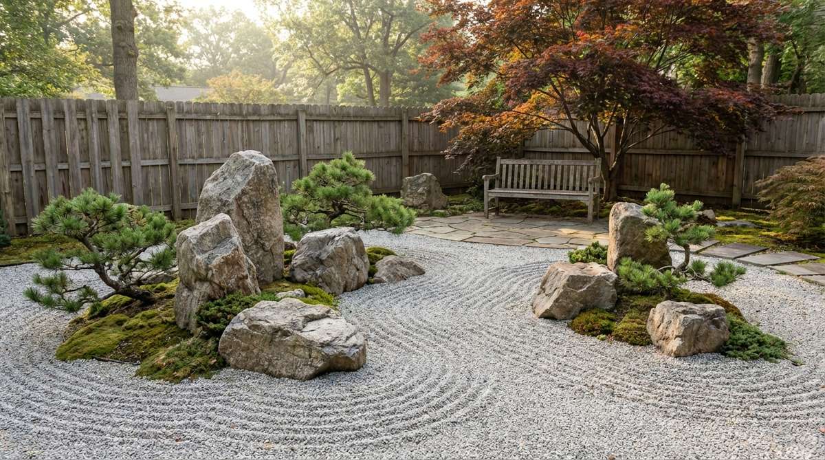 A serene Japanese Zen rock garden featuring large statement boulders arranged in asymmetric groupings, surrounded by carefully raked gravel in concentric patterns. Dwarf pine trees and mosses provide minimal alpine plantings that soften the composition without overwhelming the stone presence. This contemplative garden design creates a peaceful space suitable for small yards, with the rock arrangements suggesting mountain islands and the raked gravel representing flowing water around the stone masses.