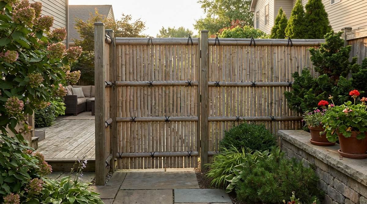 A traditional Japanese garden gate featuring vertical split bamboo slats spaced at 1/4-inch intervals, secured with black synthetic cord to horizontal rails. This Kenninji-style gate provides privacy screening while allowing air circulation, with vertical emphasis that creates height perception in compact urban gardens.