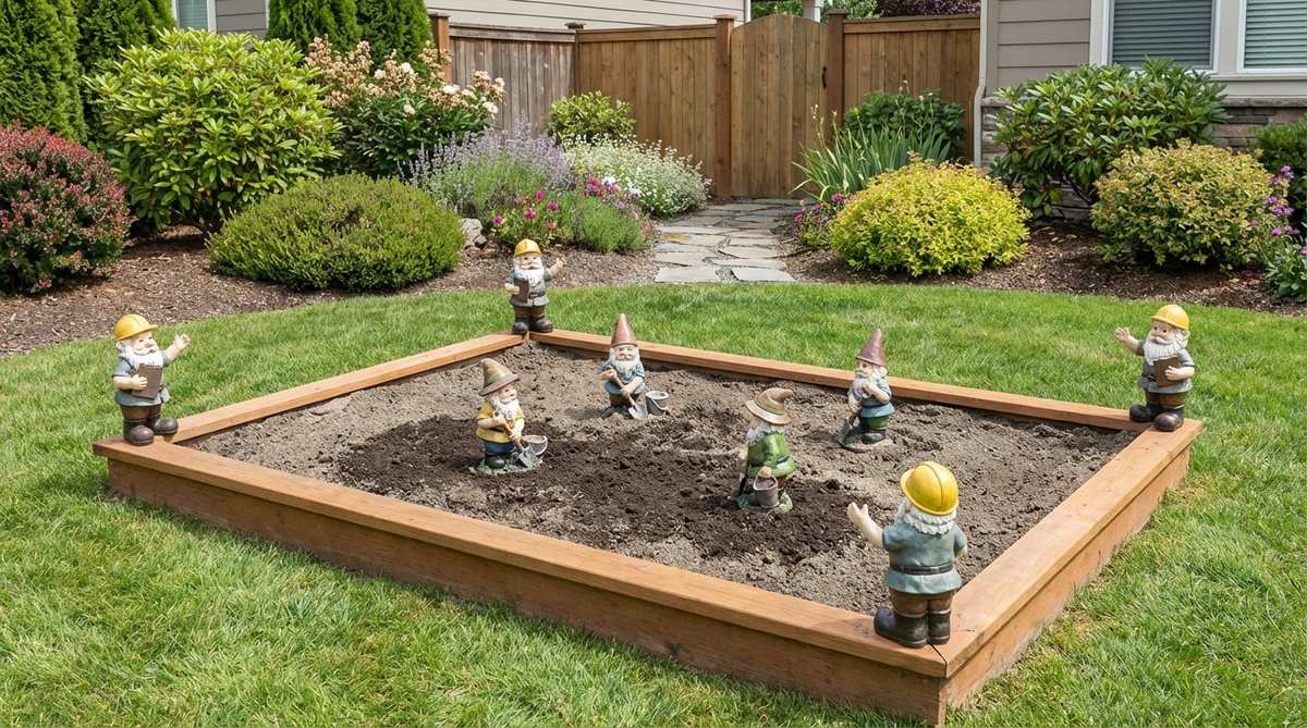 A team of mini garden gnomes holding shovels and buckets in a designated digging bed or sandbox, framed by low edging with gnomes at each corner as foremen, encouraging active and organized play for kids while protecting ornamental plantings.