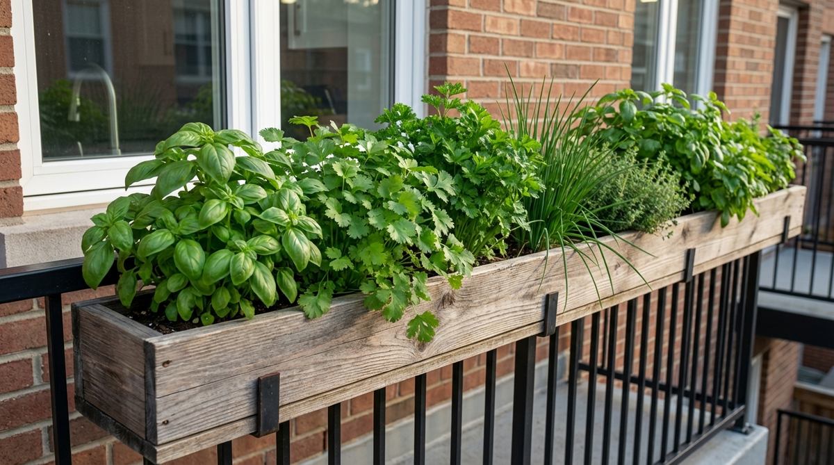 A long window box mounted outside a kitchen window, filled with fresh culinary herbs like basil, cilantro, parsley, chives, and thyme for convenient daily cooking access in an urban balcony garden setting.