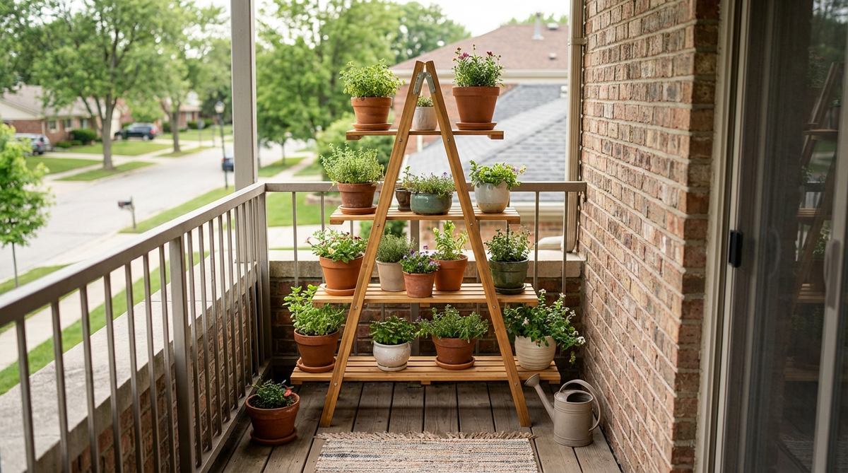 A freestanding A-frame or leaning ladder plant stand holding multiple pots at ascending heights, ideal for narrow balcony spaces with optimal light exposure and air circulation.