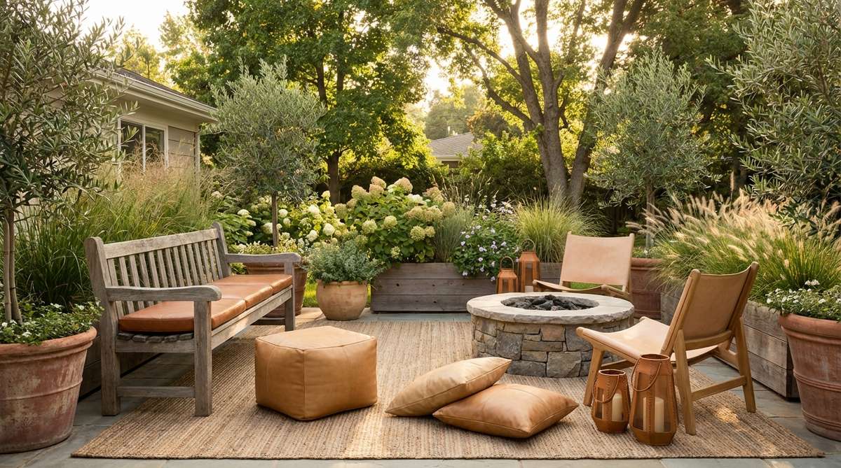 A modern boho decor scene featuring leather accents in natural tones like cognac, camel, and tan. Includes leather furniture, pillows, and decorative items such as a pouf or chair cushions, adding supple texture that ages beautifully to enhance the collected feel of bohemian spaces.