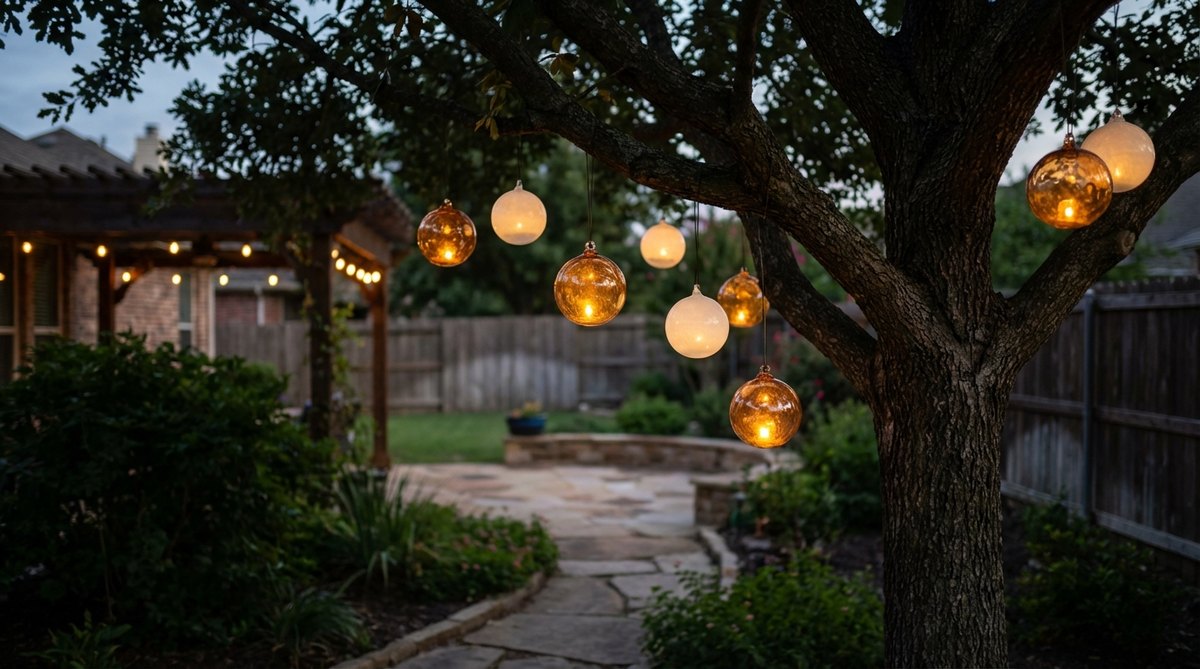 A close-up image of internally illuminated ornaments on an outdoor tree, serving as focal points in garden lighting schemes. The ornaments fill dark areas and contrast with string lights, positioned at eye level for visual interest during evening walks.