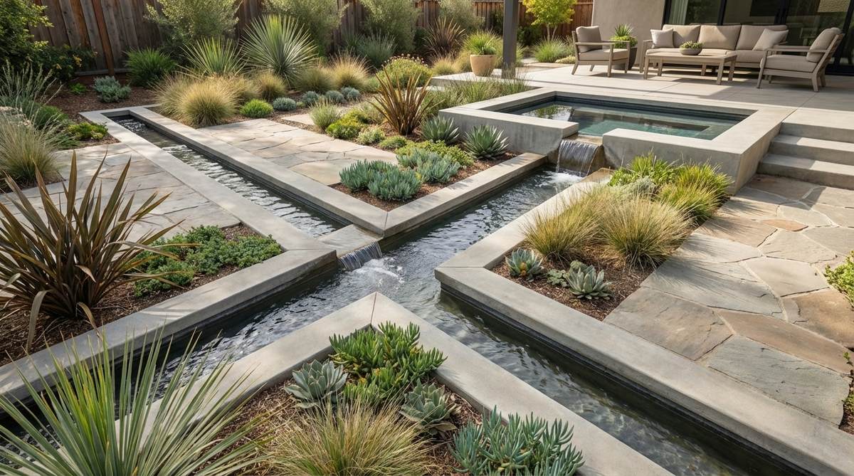 A modern garden water feature with narrow concrete channels directing water flow through the landscape. The linear design creates soothing sound and movement, with water traveling along precise paths. This installation demonstrates how 6-12 inch wide channels can fit compact spaces while adding dynamic visual and auditory elements to contemporary garden design.