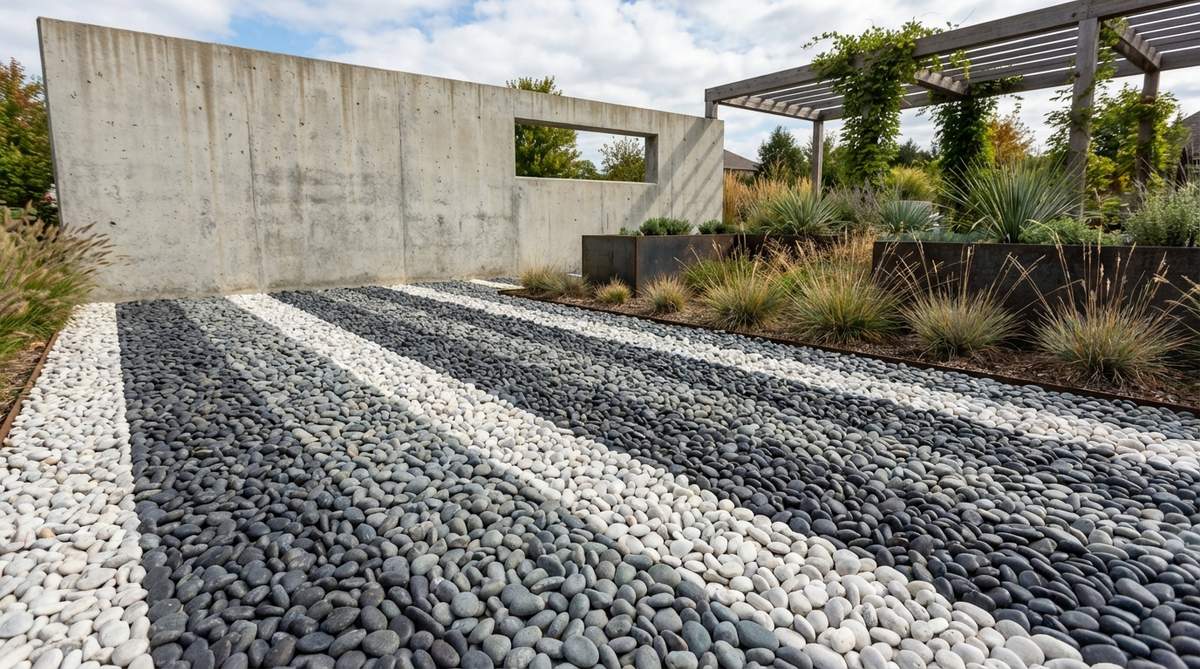 A contemporary stone garden mosaic featuring parallel bands of contrasting pebbles in clean linear stripes. The design uses varying widths of charcoal, gray, and white stones to create sophisticated visual rhythm and strong directional emphasis. This modern pattern complements minimalist architecture and geometric garden elements, with stripes oriented to visually widen or lengthen the space.