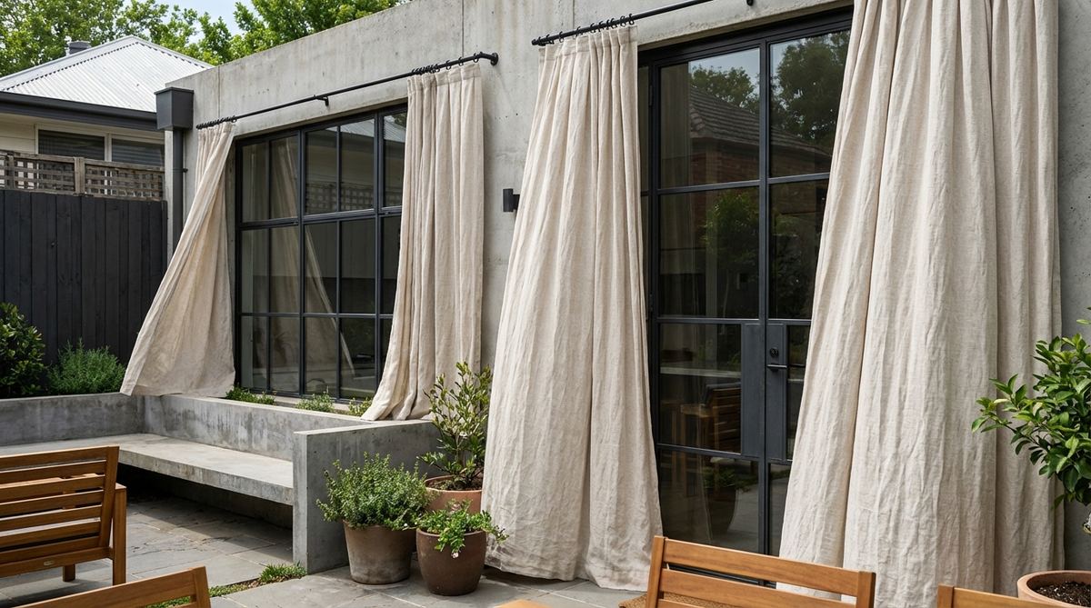 Floor-length linen curtains in natural undyed tones softening industrial window frames. The fabric's natural wrinkles and loose weave create casual bohemian energy while complementing black metal rods and concrete elements. This flowing fabric introduces warmth and movement to industrial spaces.