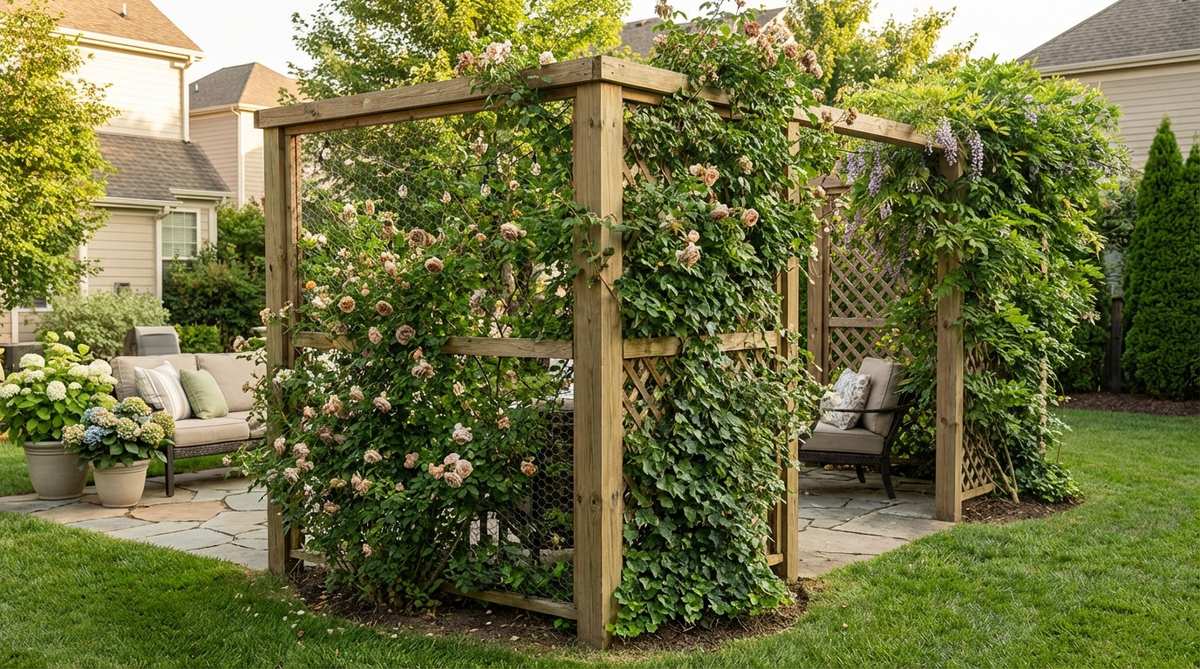 A freestanding frame covered in greenery, florals, or climbing vines, creating a designated photo zone for a garden decor party. This vertical garden backdrop encourages social sharing and serves as a memorable event branding element, built from materials like PVC or wood with plant support from chicken wire or lattice.