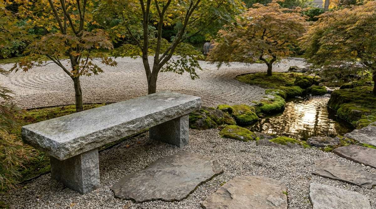 A traditional Japanese low horizontal viewing bench made of stone, sitting at 12-14 inches high in a garden setting. This bench encourages contemplative observation from a lowered perspective, positioned opposite carefully framed views of specimen trees, raked gravel patterns, or water features to promote meditative stillness and earth connection.