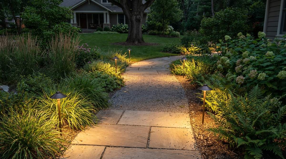 A garden pathway illuminated by low-voltage spread lights mounted at ground level, showcasing their wide-angle beam pattern that washes light across the surface from the edges. The asymmetrical installation creates depth through varied light intensity rather than uniform brightness.