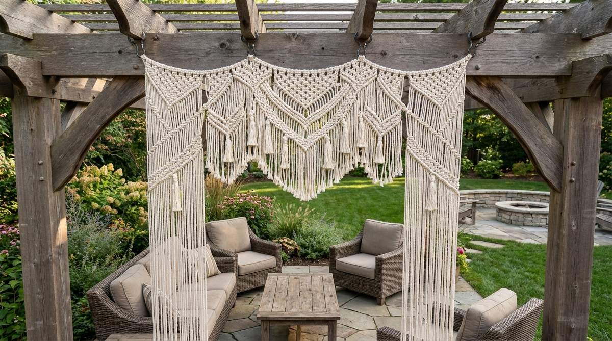 A handwoven macrame textile draped across a pergola top, creating partial shade with bohemian character. The open-weave construction allows airflow while filtering harsh sunlight into dappled patterns below, secured with heavy-duty hooks on beam tops.