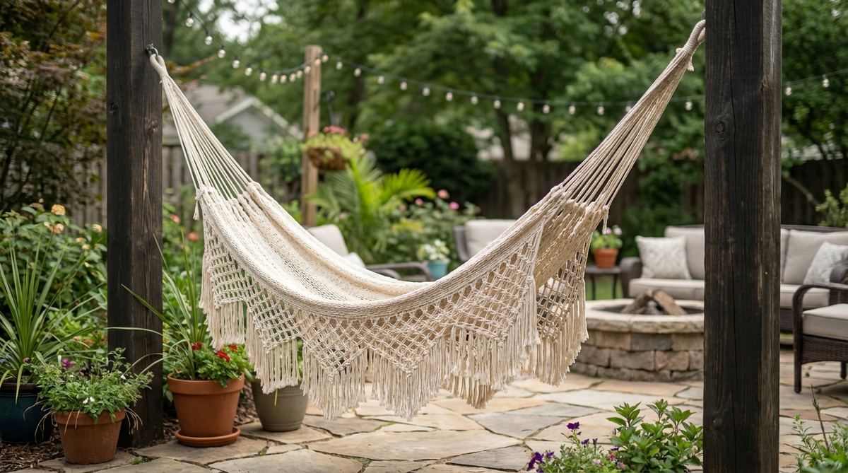 A traditional knotted macramé hammock with decorative fringe and open weave construction, suspended between sturdy posts in a boho garden. The handcrafted macramé patterns create artwork even when not in use, made from UV-resistant cotton cords rated for outdoor exposure and weight capacity.