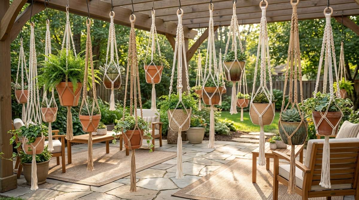A collection of hand-knotted macrame plant hangers made from cotton or synthetic cord, featuring varied cord thickness and knotting patterns for a bohemian texture. Displayed at staggered heights to showcase plants in terracotta, ceramic, or resin pots, complementing garden decor with neutral tones.