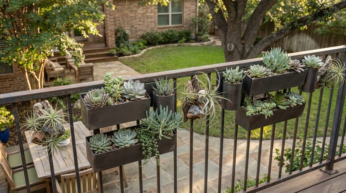 A set of magnetic planters attached to a metal balcony railing, showcasing succulents and air plants arranged in clusters for a decorative effect.