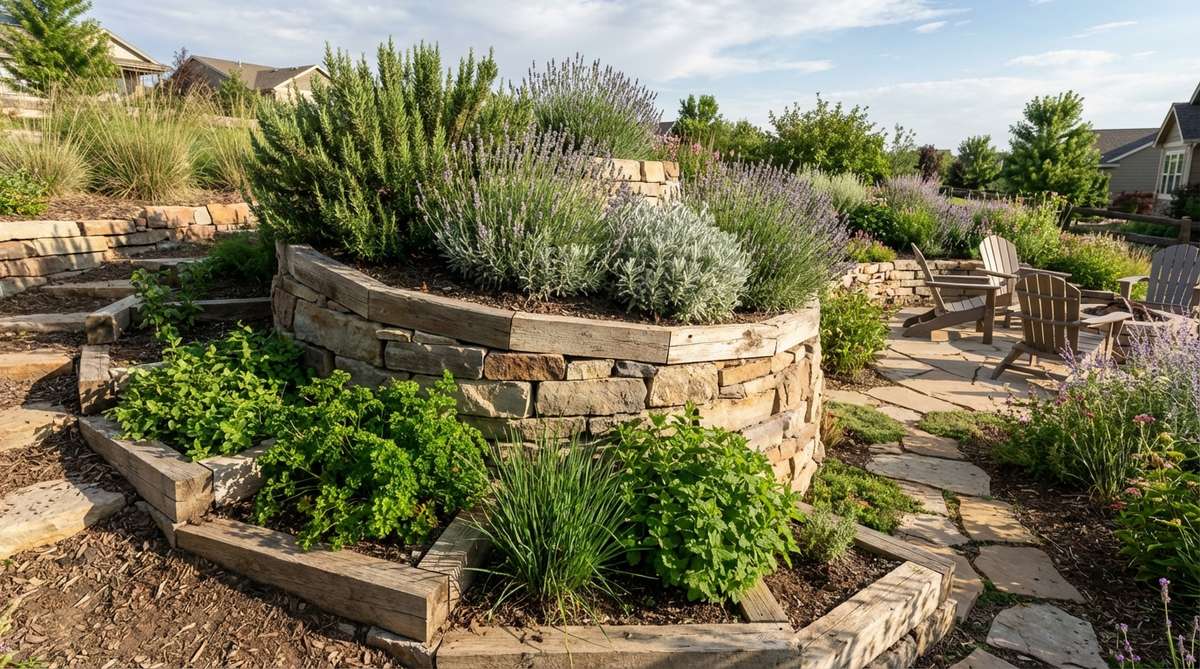 A compact spiral garden structure built on a terraced slope, featuring drought-tolerant herbs like rosemary and lavender at the top and moisture-loving herbs like parsley at the base. The spiral design creates multiple microclimates within a small footprint, serving as both a functional garden and sculptural element.