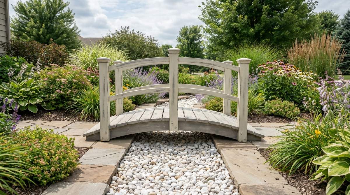 A small-scale decorative bridge measuring 2-3 feet long, serving as a charming garden ornament spanning a narrow dry bed filled with white pebbles. Positioned in a front yard landscape with pathway edges and mixed borders, this weather-resistant bridge made of painted resin adds vertical interest and whimsy to compact urban gardens or fairy garden scenes.