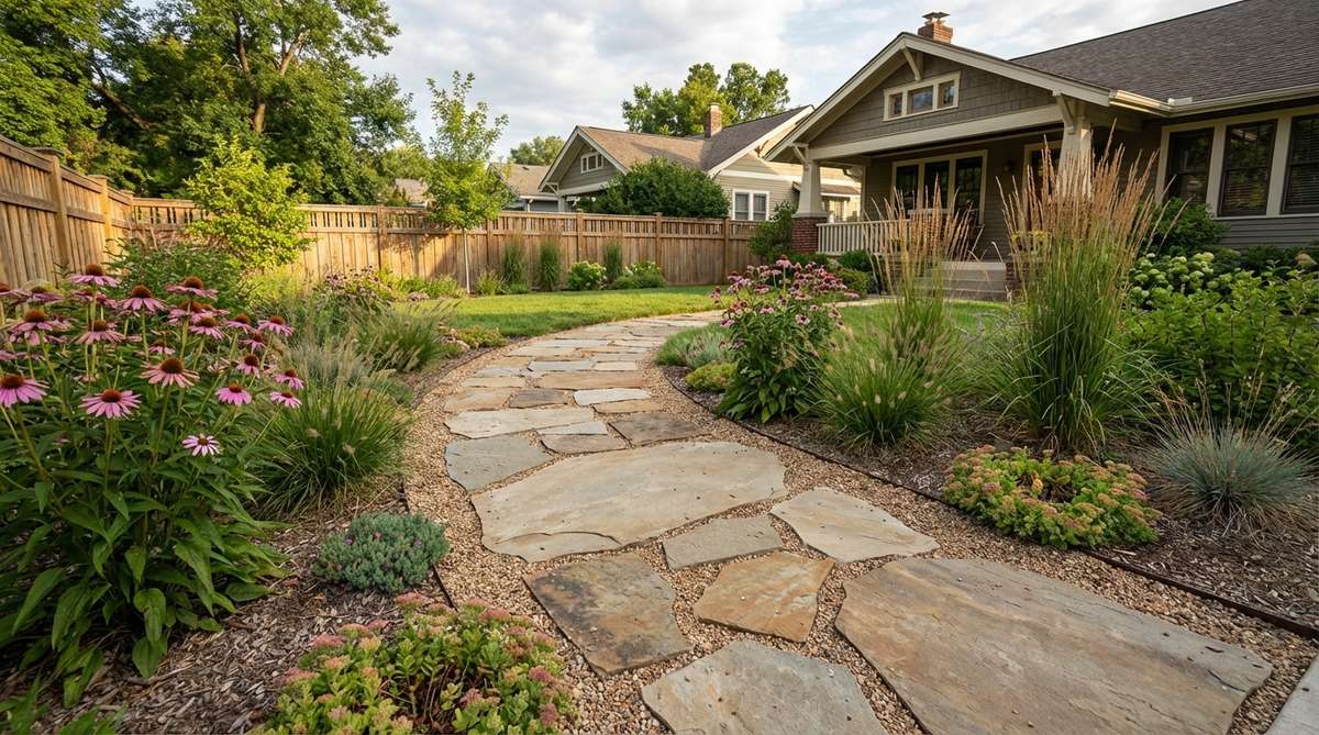 A garden pathway featuring a sequence of mixed-size flagstones ranging from 14 to 30 inches, creating rhythmic visual interest and mimicking natural stone patterns in meadow settings. The layout alternates between larger anchor stones and smaller intermediate pieces to guide natural gait variation while maintaining functional navigation.