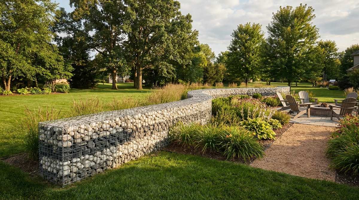 A gabion wall featuring a blend of white, gray, and black stones arranged in dynamic patterns within metal cages. This mixed stone color design prevents visual monotony in long wall runs and works well for property boundaries as an attractive shared feature. Stones are layered by color in horizontal bands or random mixes, with consistent sizes for even pack density.