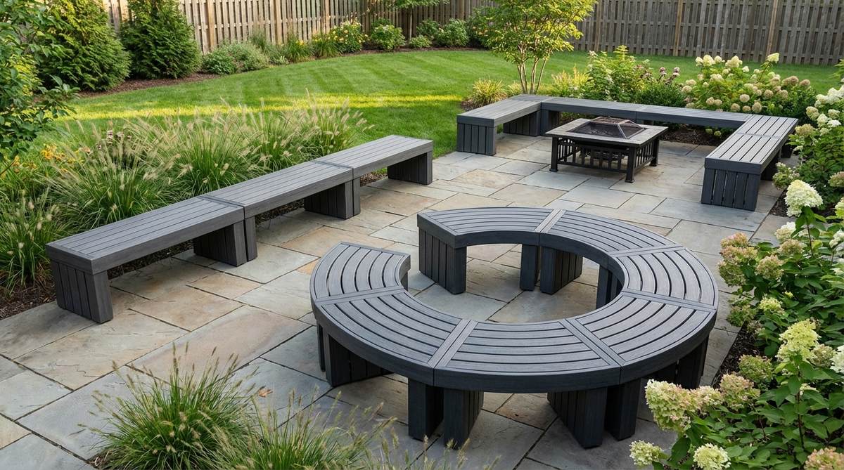 A contemporary modular garden bench system showing flexible configuration options including straight runs, L-shapes, and circular arrangements. Individual bench sections connect with concealed hardware to maintain clean sightlines, with standard 2-foot, 4-foot, and corner units allowing custom layouts for different gathering sizes and space needs.