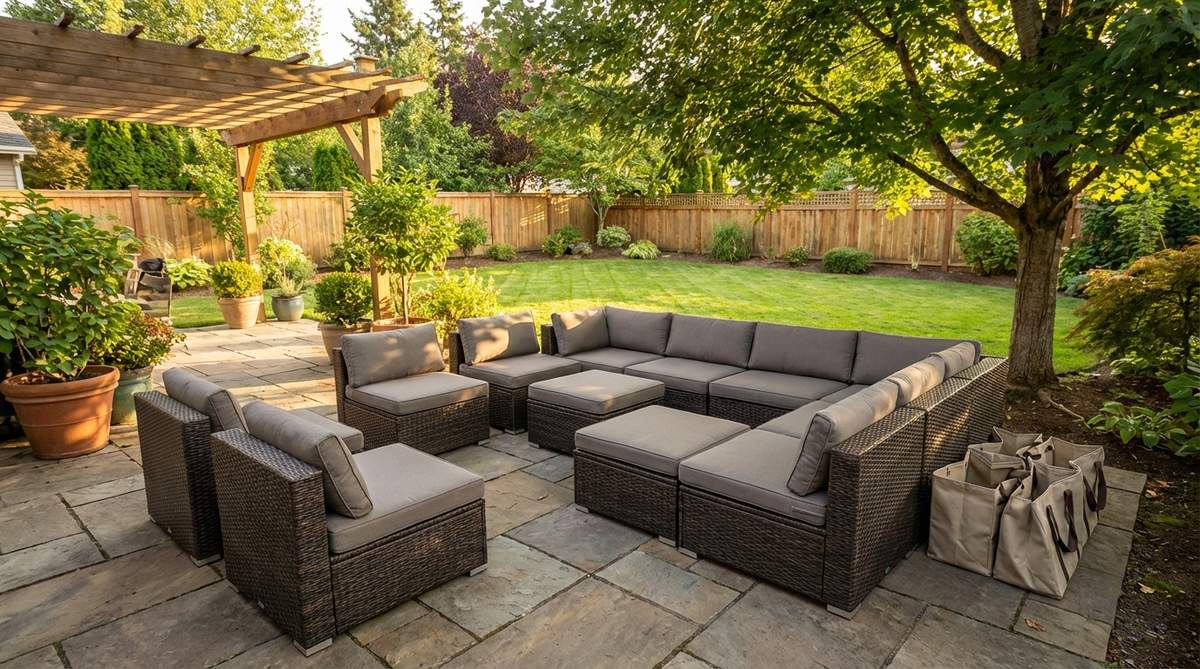 A modular sectional furniture set for small gardens, featuring movable pieces like armless chairs, corner units, and ottomans that connect with hidden clips for customizable L-shaped or U-shaped layouts. Made with lightweight aluminum frames and all-weather wicker, it allows easy rearrangement by one person to adapt to sun or shade. Includes storage bags for individual modules to simplify off-season organization and protect cushions.