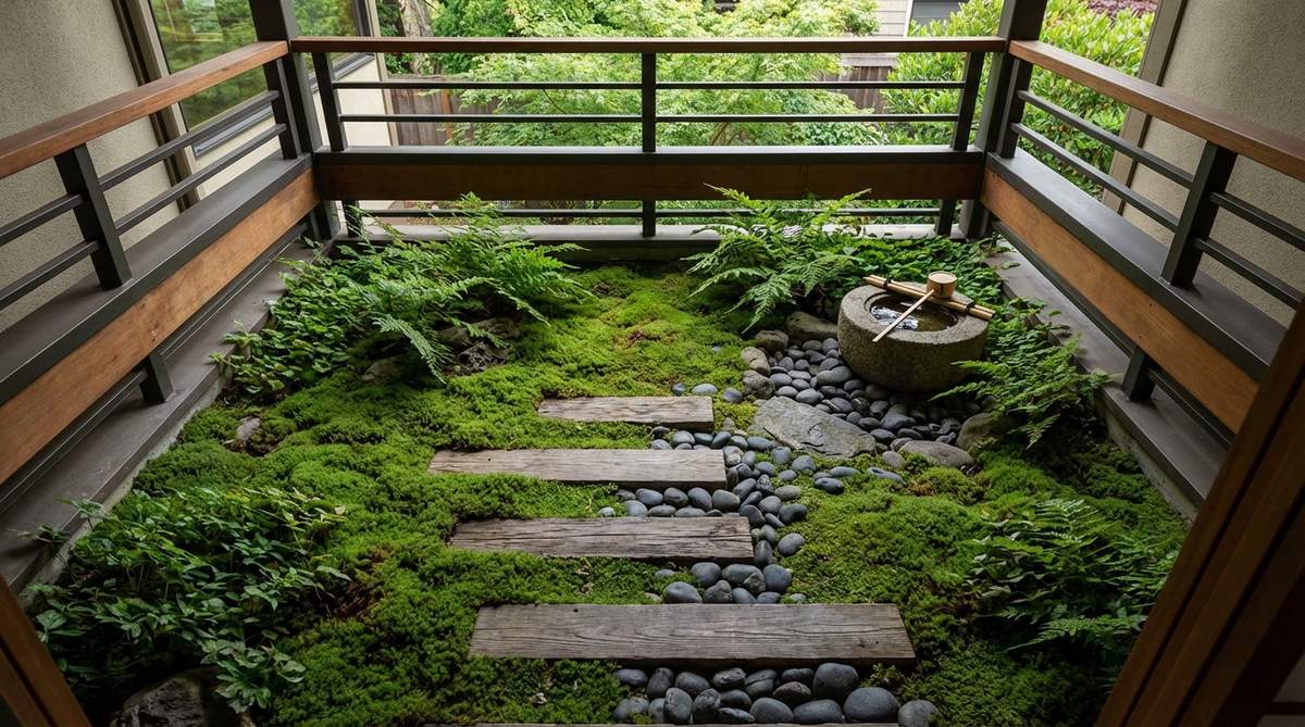 A lush green moss ground cover, including Scleranthus biflorus, thriving in a moist, shaded Japanese balcony garden, emphasizing horizontal planes without height.