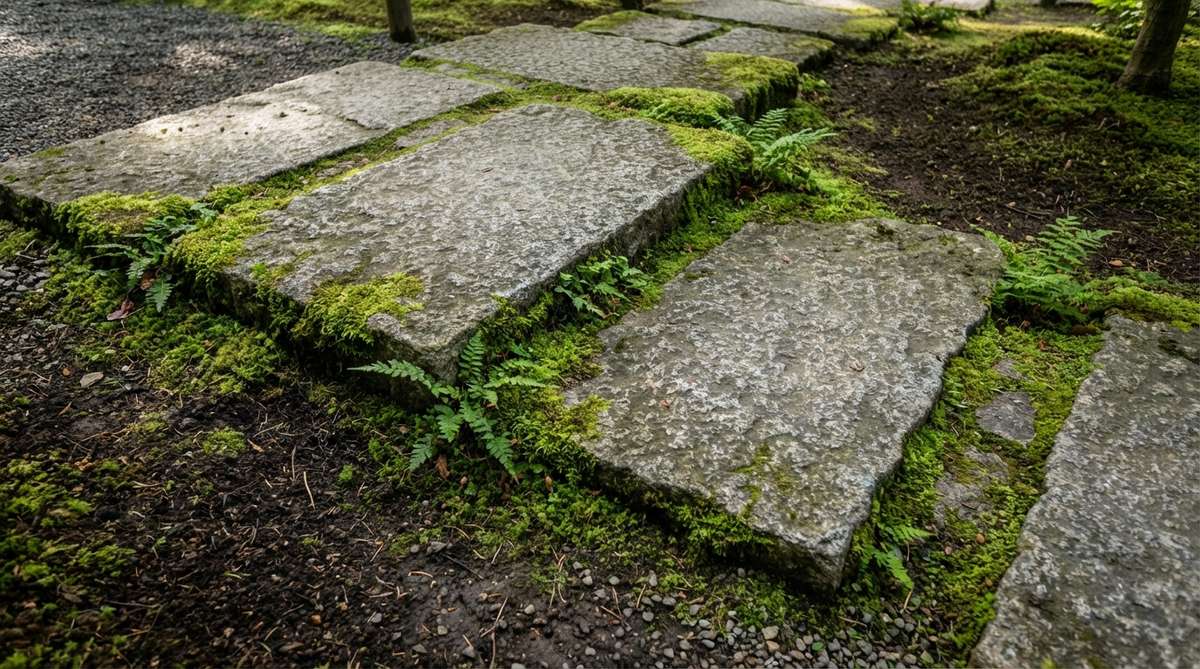 A close-up view of moss colonizing the edges of stone pathways in a Japanese garden, showing how organic moss growth softens hard geometric lines and creates natural transitions between path and soil.
