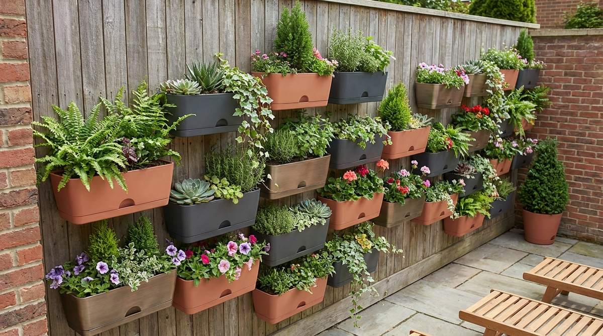 A collection of mounted wall planters arranged at varying heights to create a vertical garden on an outdoor wall or balcony. The staggered placement avoids rigid patterns, with self-watering containers in colors coordinated with the outdoor palette. Ideal for spaces with limited floor area, featuring seasonal plants for year-round visual interest.