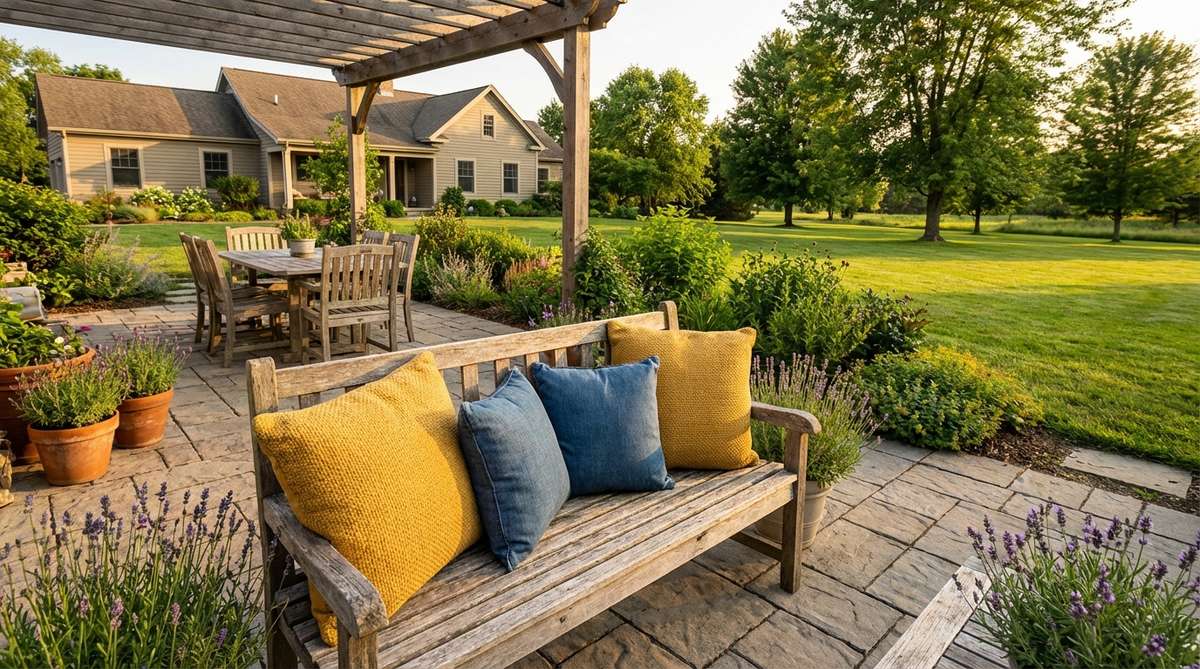 A vibrant mustard yellow pillow paired with denim blue pillows on a rustic patio, showcasing a playful and energetic outdoor decor combination suitable for farmhouse styles.