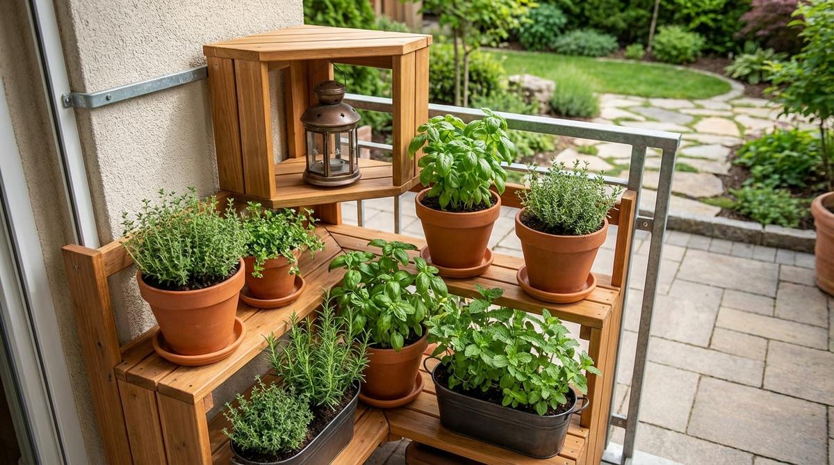 A slim triangular corner shelf creates an intimate herb nook in a dead corner, featuring layered pots at different levels without crowding the railing. Weather-resistant and secured to walls or railings for stability, it arranges containers by height and sunlight needs with repeated pot styles for visual calm. This design concentrates watering and maintenance in one reachable spot, ideal for busy urban gardeners, and includes an open shelf for seasonal decor or a lantern.