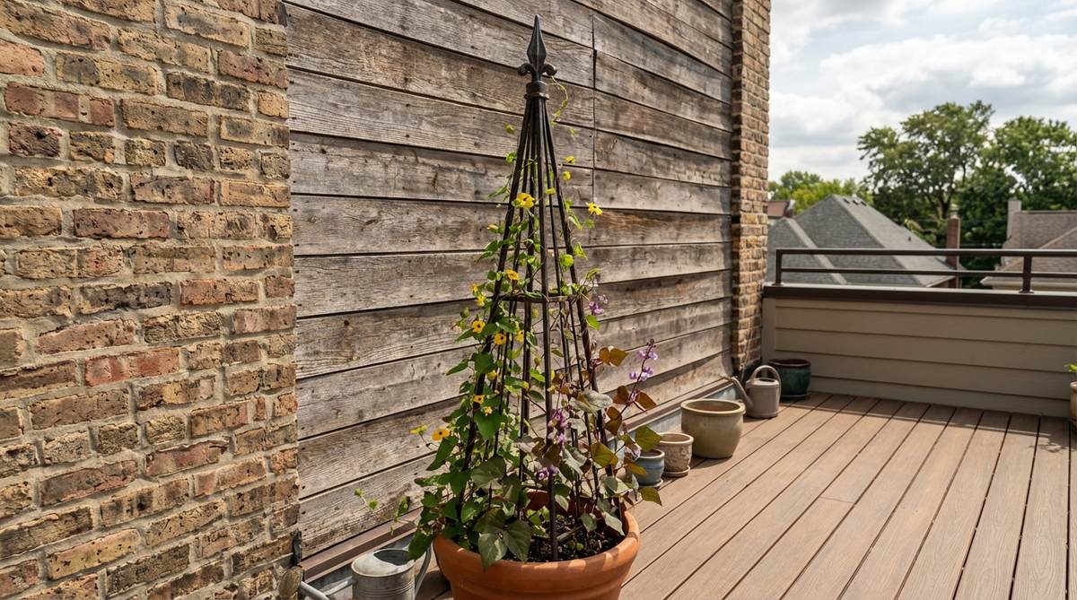 A freestanding metal obelisk with a decorative finial, positioned against a wall on a balcony, providing a dramatic vertical element. The tapering pyramid shape draws the eye upward, emphasizing height, with annual vines like black-eyed Susan vine or hyacinth bean planted at the base. The formal geometry of the obelisk contrasts pleasingly with organic plant growth, serving as a sculptural element before plants mature.