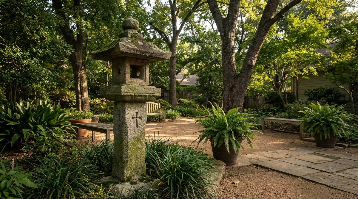 An Oribe stone garden lantern featuring discreet Christian symbolism, such as a cross or Virgin Mary figure carved into the post below the fire box, designed for contemplative garden areas to add historical and philosophical depth.