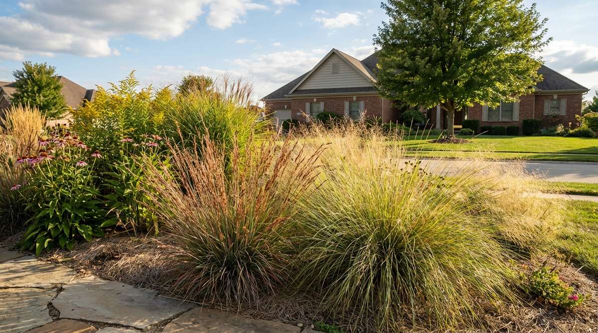 A decorative border featuring ornamental grasses like little bluestem and prairie dropseed, showcasing fine-textured foliage that contrasts with broadleaf plants, providing year-round movement, texture, and winter interest for birds in a sunny front yard.