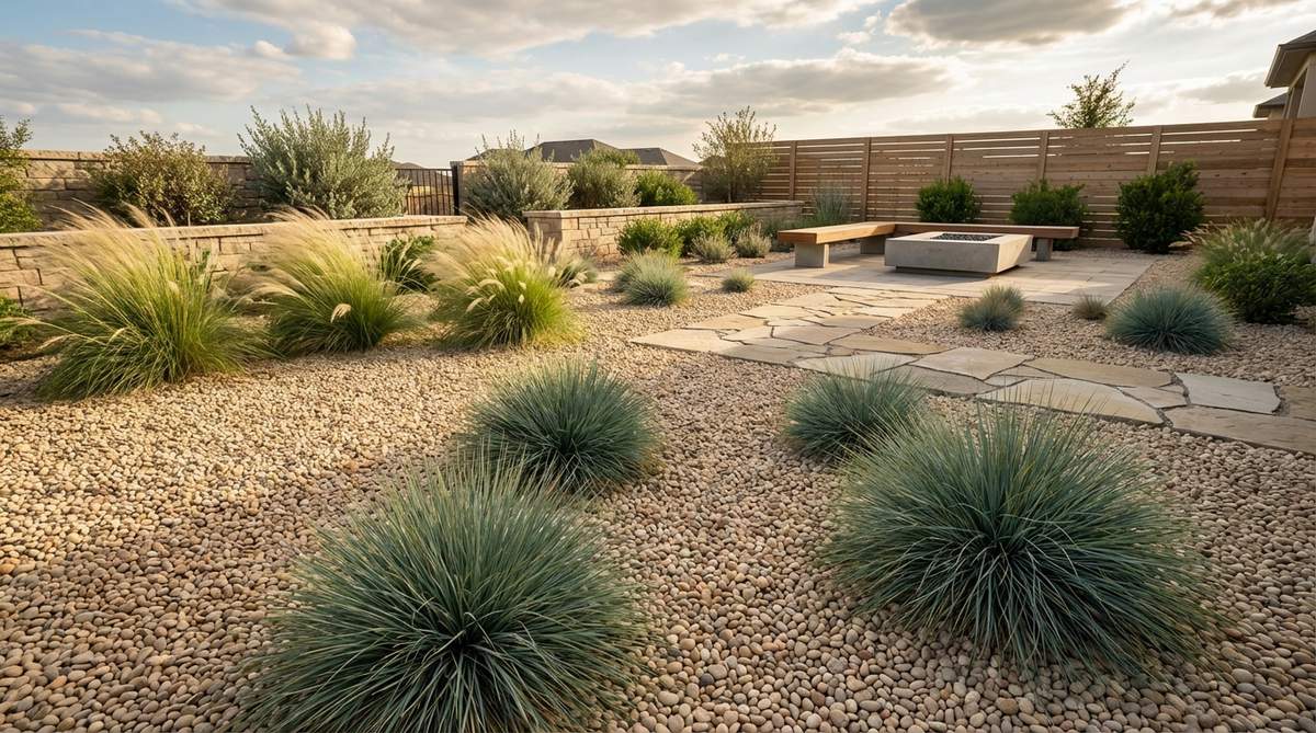 A contemporary garden design featuring clumping ornamental grasses like blue fescue and fountain grass, individually planted in a sea of pea gravel to create a tidy, low-maintenance meadow effect with year-round visual interest.