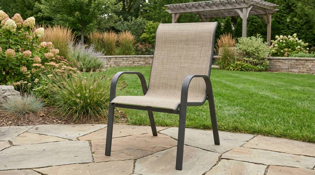 An extra-large sling chair with reinforced steel frame and stretched fabric, designed for spacious seating and stability in garden settings. Features include a 350-pound weight capacity, rust-resistant powder coating, and breathable fabric for minimal maintenance.