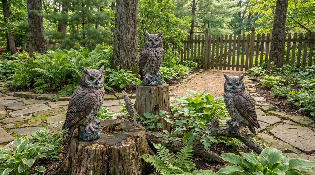 Realistic owl statues perched on tree stumps or branches, featuring detailed feathering and glass eyes. Perfect for woodland gardens or under mature trees, these 16-24 inch tall resin statues serve as both decorative garden accents and bird deterrents.