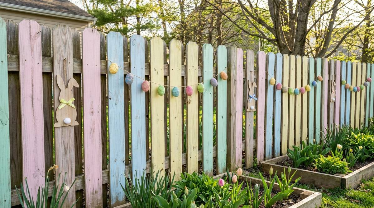 A close-up view of wooden garden fence sections painted with pastel washes in alternating patterns, showing translucent finishes that reveal the wood grain. Easter egg garlands and bunny cutouts hang from the painted sections, creating defined display zones for outdoor Easter decor. The technique demonstrates an economical way to update older fencing while establishing cohesive color flow throughout the property.