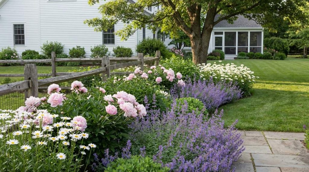 A soft pastel perennial border featuring pink peonies, lavender catmint, and white shasta daisies, arranged in overlapping drifts for extended bloom. This garden design evokes traditional English country aesthetics with nostalgic appeal, ideal for creating visual rhythm and supporting wildlife through winter interest.