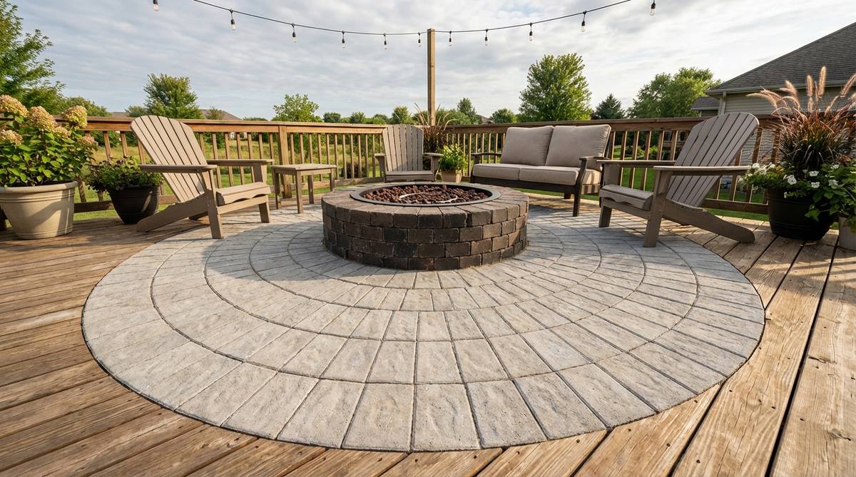 A small garden patio with a paver fire pit installed within a deck layout, featuring non-combustible pavers extending 3-4 feet beyond the fire feature for safety. The design creates a focal gathering point while protecting the deck from radiant heat and embers, with material contrast highlighting the fire pit as the patio centerpiece.