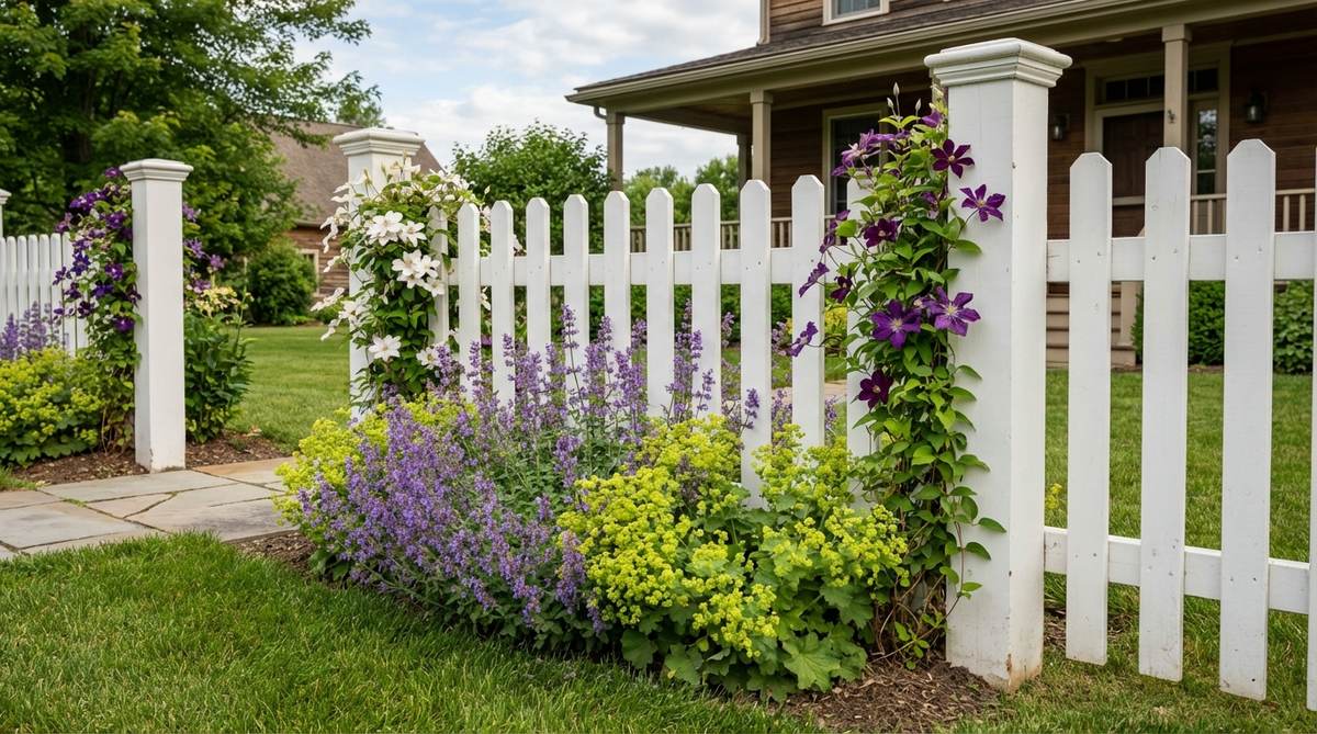 A classic white picket fence with vibrant perennials like catmint and lady's mantle spilling through the slats, creating a quintessential cottage garden boundary. Clematis vines climb the fence posts, adding vertical interest to this balanced garden design that combines structure with softness.