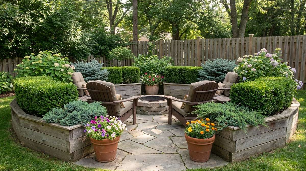 A cozy garden scene showing a semicircle arrangement of containers and raised beds around seating, creating a protective plant embrace. Features evergreen shrubs like boxwood and dwarf conifers with interspersed seasonal bloomers, demonstrating flexible container gardening for privacy and enclosure.