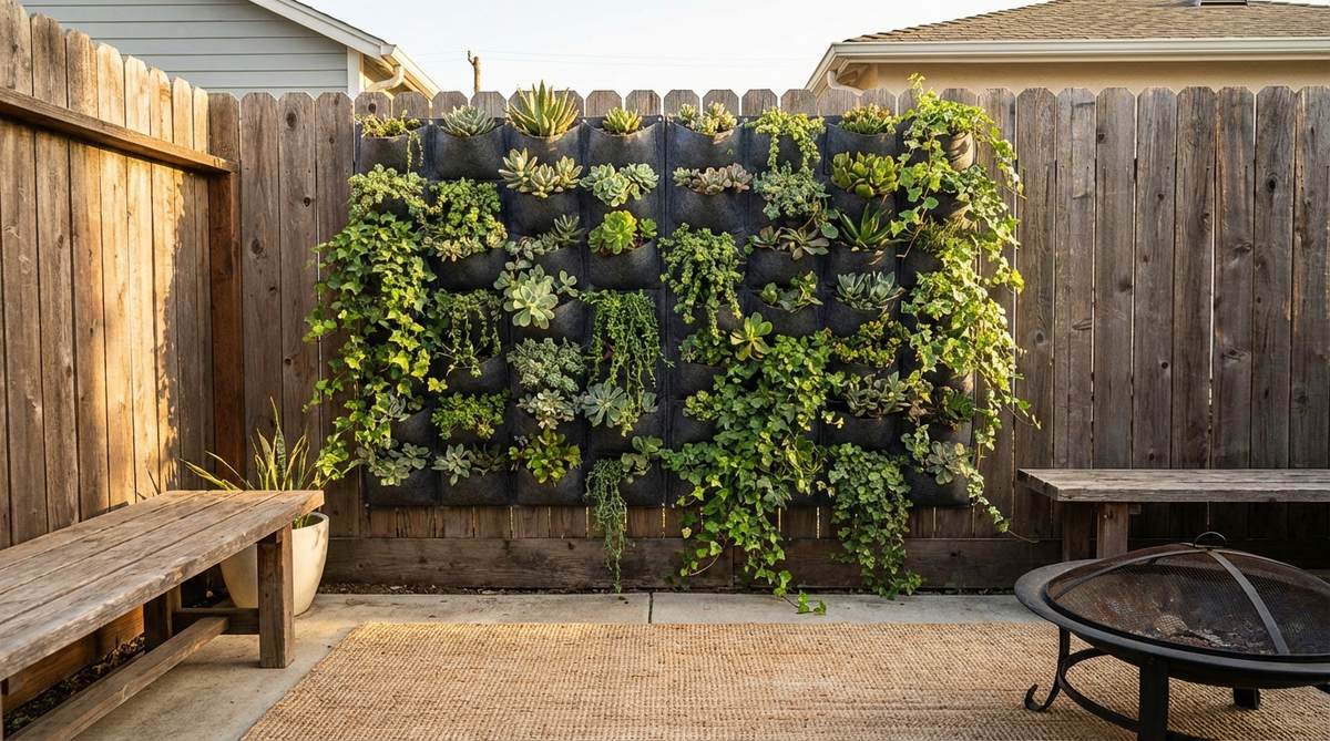 A vertical garden wall featuring felt pockets filled with succulents and trailing ivy, demonstrating a lightweight planting system suitable for small courtyards.