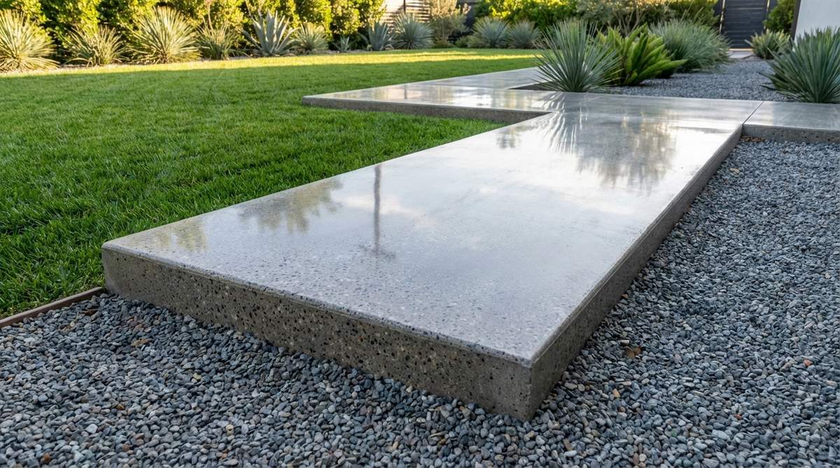 A minimalist polished concrete slab edging with a smooth, reflective surface, showcasing exposed aggregate and clean lines, installed as a border between grass and gravel in a contemporary garden setting.