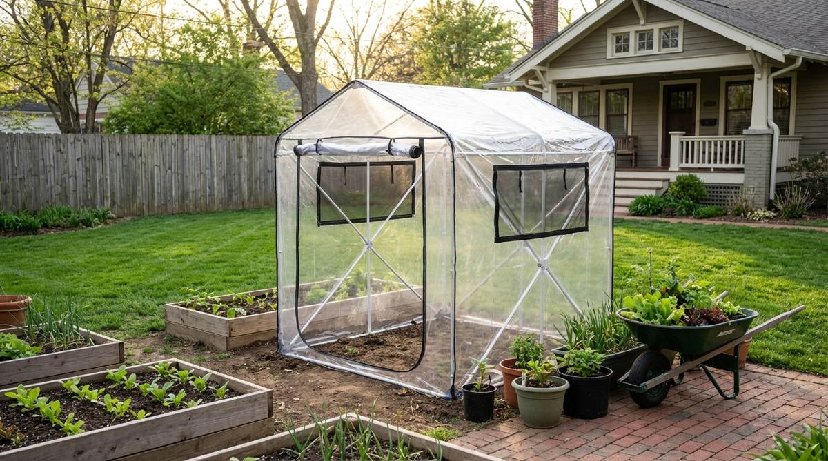 A spring-loaded pop-up greenhouse frame with clear panels for maximum light transmission, featuring zippered access points for ventilation control. This collapsible design is ideal for temporary plant protection during spring hardening-off periods and stores flat in minimal space.
