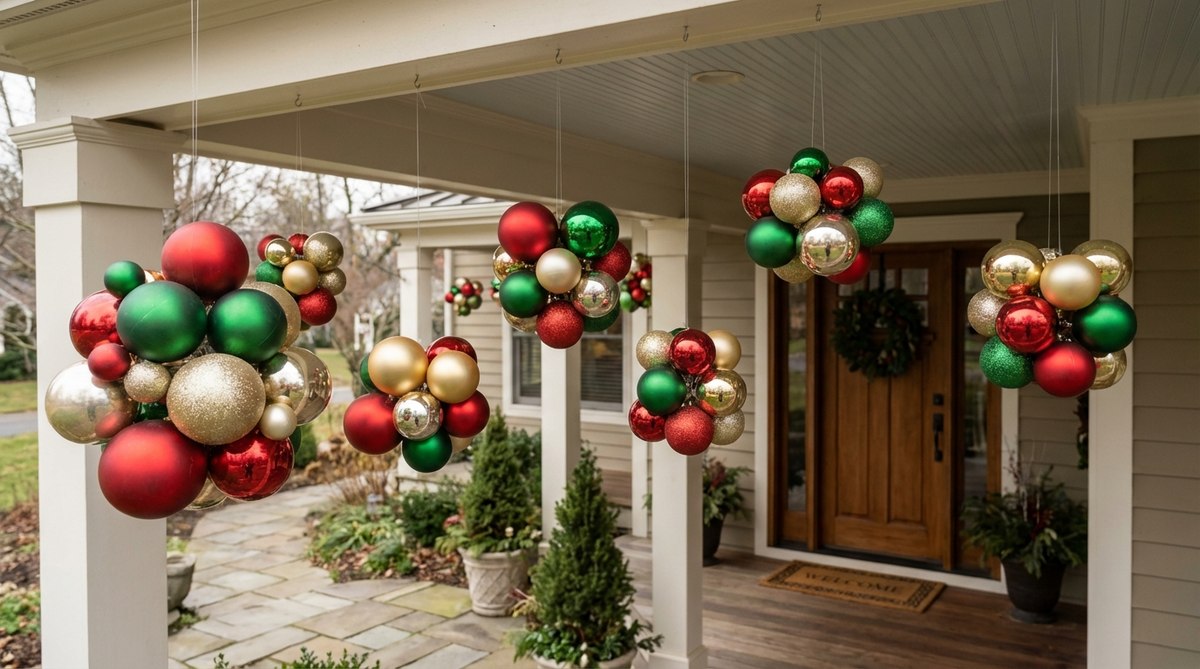 A festive display of oversized Christmas ornament clusters suspended from a porch ceiling at varying heights, creating an unexpected overhead decoration that adds dimension without using floor space. The ornaments are hung with clear cord or fishing line in groups of three or five, engaging visitors as they approach the door.