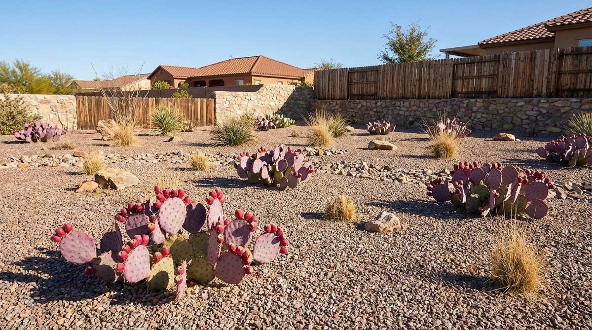 Low-growing prickly pear cactus with paddle-shaped pads spreading across a gravel surface, featuring purple tones from Santa Rita variety, spaced for natural growth to prevent rot and provide edible fruit and wildlife habitat.