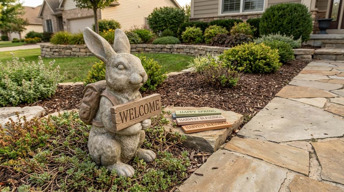 Decorative rabbit holding a small welcome sign, perfect for garden entrances and walkways. This functional ornament features interchangeable seasonal messages to keep your garden display fresh year-round.