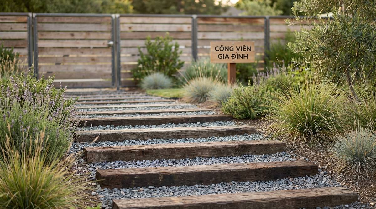 A contemporary garden path featuring reclaimed railroad ties laid perpendicular as low steps with crushed stone infill between them. The industrial aesthetic shows ties spaced 24-36 inches apart with proper drainage holes, suitable for modern or farmhouse properties.
