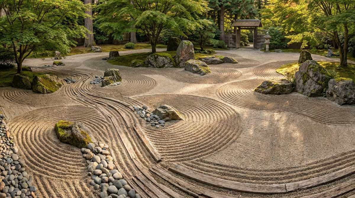 A detailed view of raked patterns in a Japanese Zen garden, swirling around stones to represent turbulent water and eddy currents. The design uses varying line densities to indicate differences in water speed, with closely spaced lines for fast currents and wider spacing for calm areas, creating a dynamic and energetic visual effect.